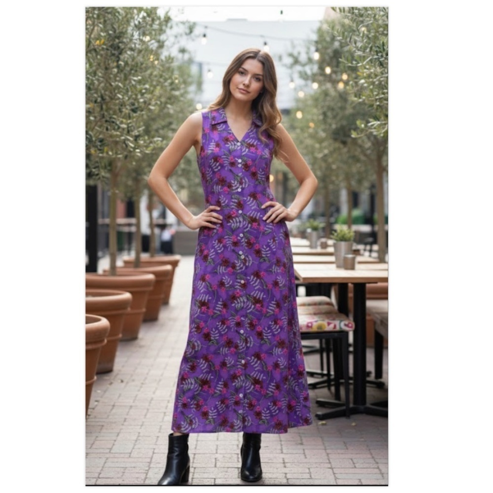 VTG 90s Impressions Maxi Dress M Purple Floral Collared Button Front Boho Retro